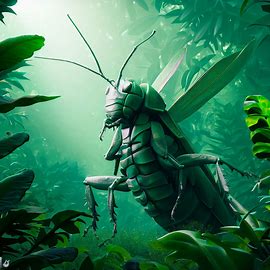 Create an image of a giant locust surrounded by lush greenery.. Image 1 of 4