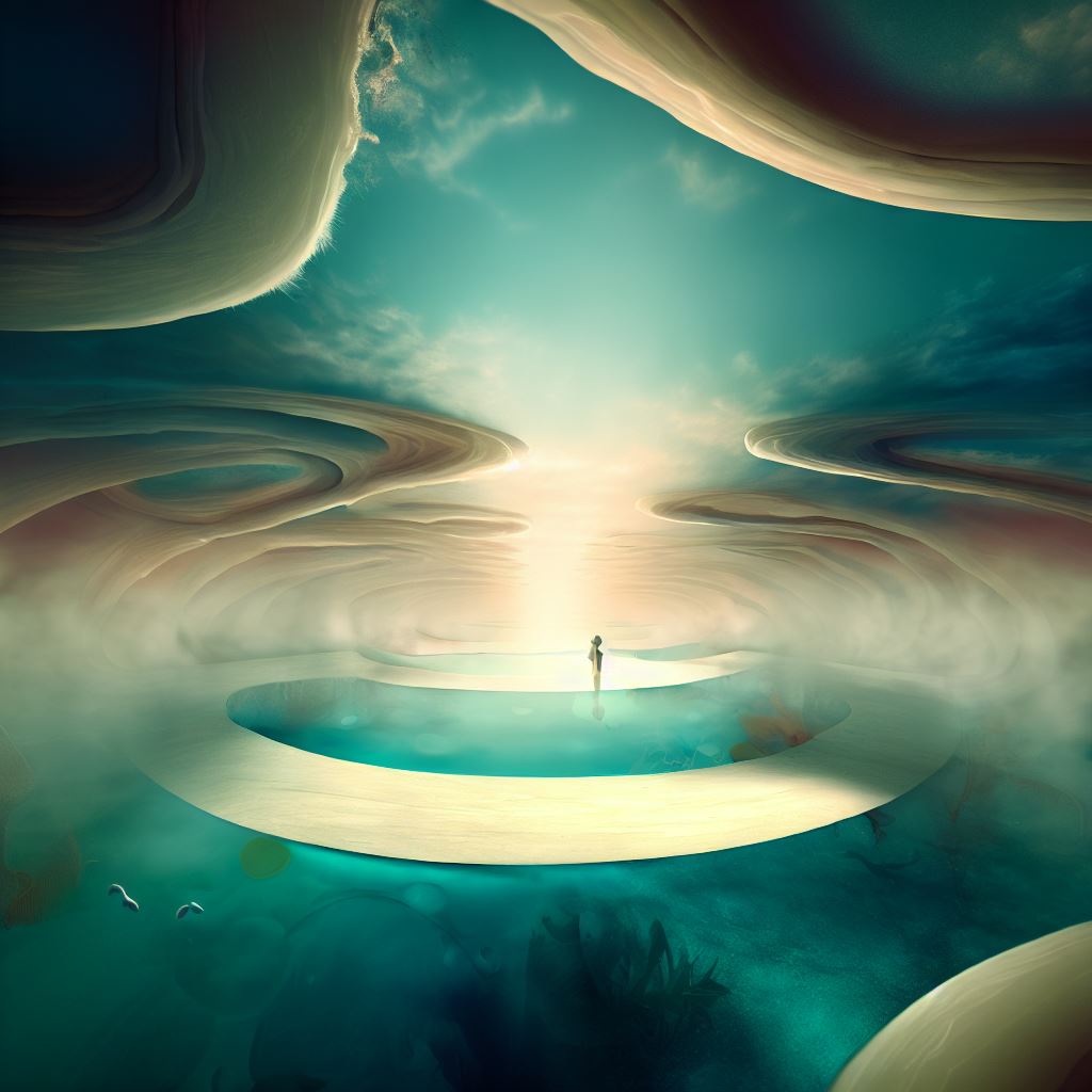 Create a surreal underwater world with a dreamlike swimming pool at the center