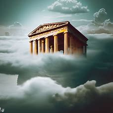 Create a surreal image of a Greek temple floating in mid-air surrounded by clouds.