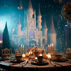 Create an image of a magical castle-themed dinner celebration