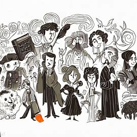 Draw a whimsical take on famous British literature with famous authors and their works as characters. Image 4 of 4