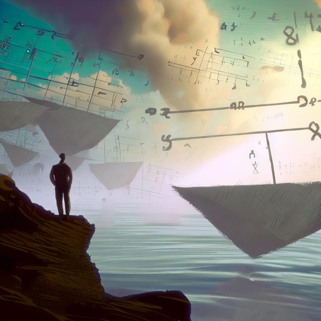 Illustrate a surreal interpretation of a Cartesian plane where mathematical equations come to life in a dreamlike landscape.