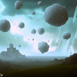 Create a surreal landscape of enormous hail stones crashing down from the sky, with a castle in the distance.. Image 2 of 4