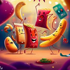 Illustrate a scene where different snacks dance together in a lively and festive party atmosphere.