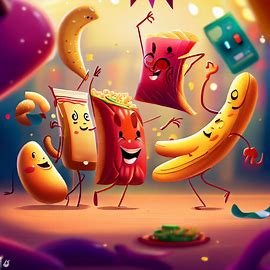 Illustrate a scene where different snacks dance together in a lively and festive party atmosphere.. Image 1 of 4