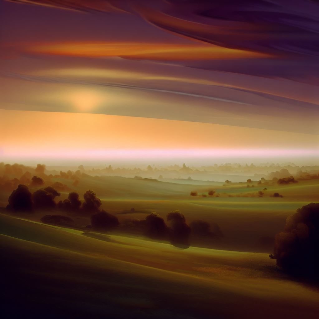 Create a surreal landscape showing the countryside at dawn or sunset.