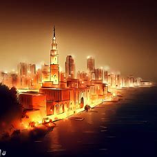 Draw an illustration of Beirut at night, highlighting its most famous landmarks and glowing with warm light.