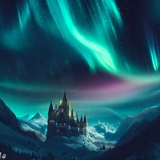 Aurora dancing above a magnificent castle surrounded by snow-capped mountains.