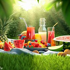 Render a delicious summer picnicking scene with fresh fruit and drinks surrounded by lush green grass.