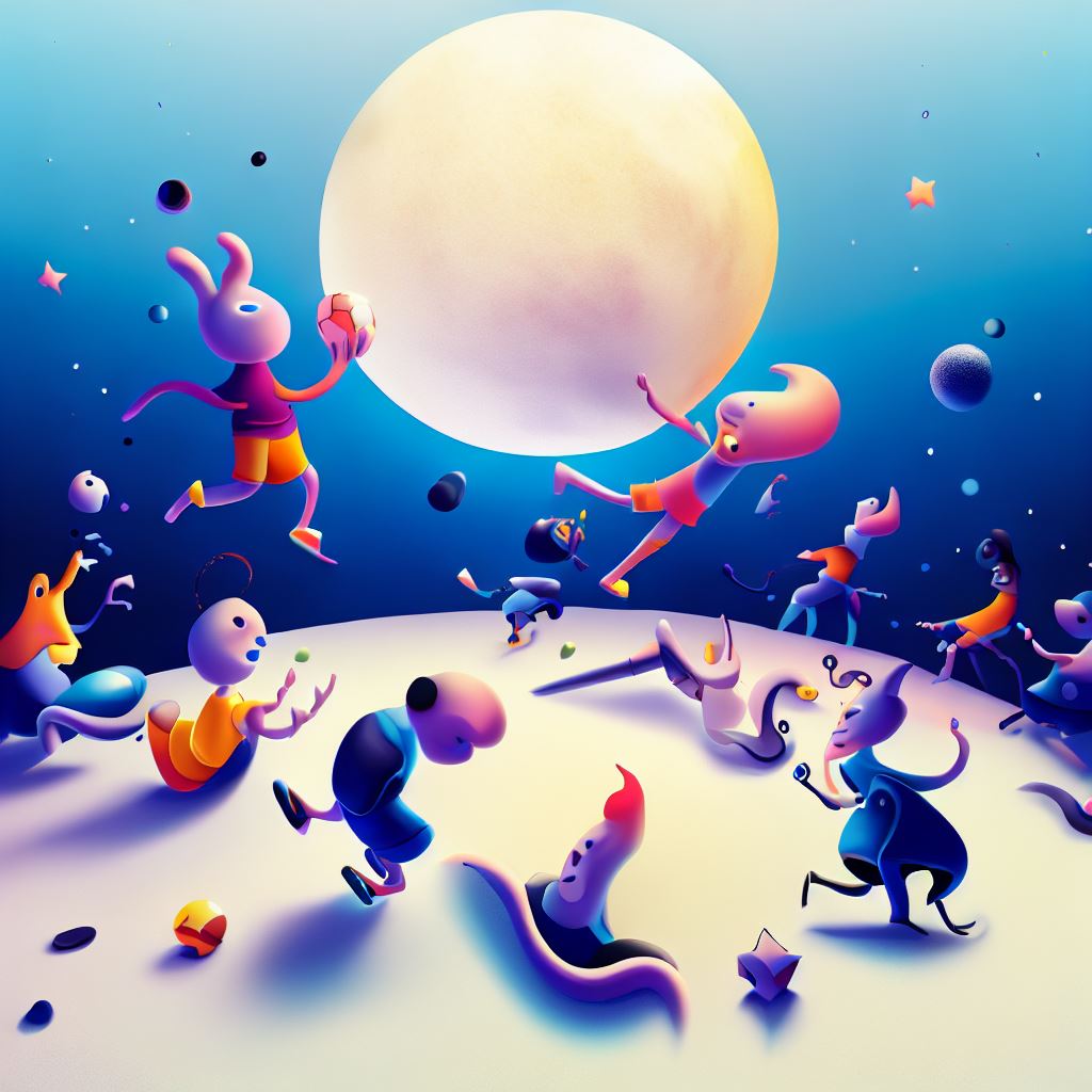 Design a whimsical and playful scene of a soccer match played on a moon-like surface with eccentric characters." <br>