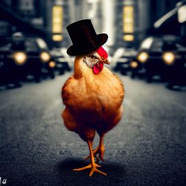 Picture a self-assured chicken wearing a top hat and confidently walking down a busy city street.. Image 2 of 4