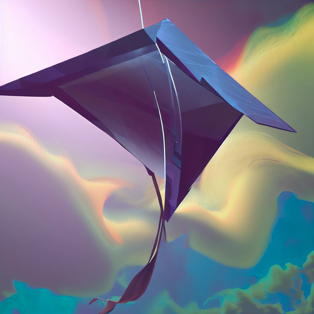 Design an abstract kite that defies gravity by hovering in an otherworldly sky.