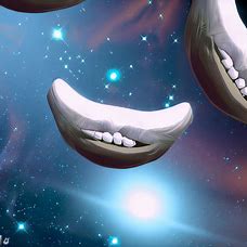 Generate a surreal image of teeth floating in a starry sky, surrounded by other celestial bodies