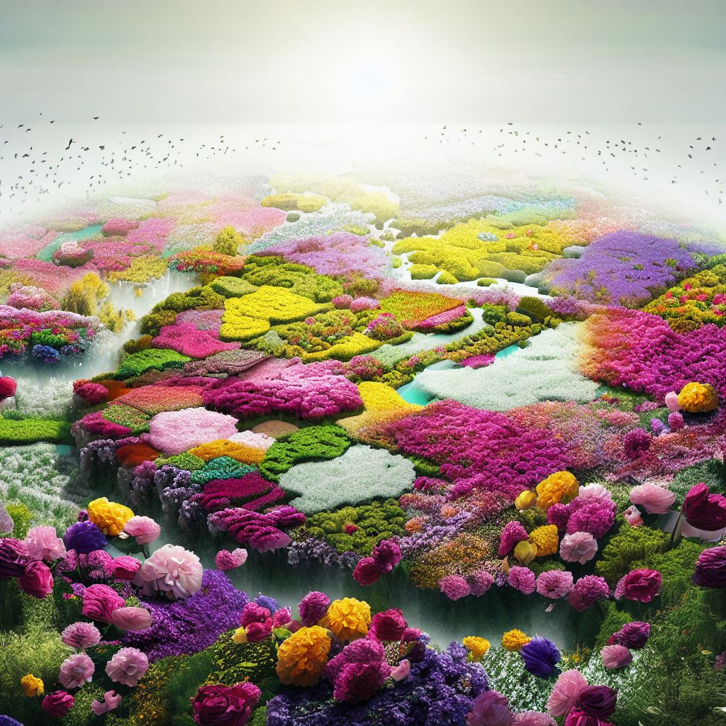 Create an image of a world made entirely out of flowers。第 4 个图像，共 4 个图像