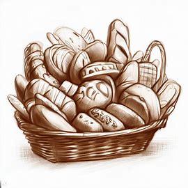 Sketch a picture of a basket filled with different types of bread.. Image 2 of 4