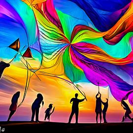 Create an image of a group of people playing with and controlling giant yarn-made kites in the sky, each kite in a different vibrant color.. Image 2 of 4