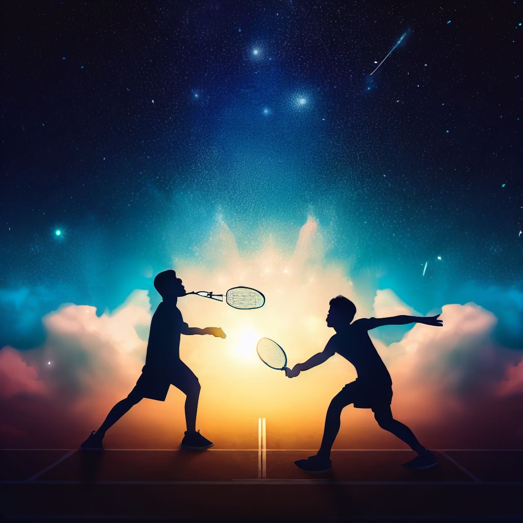 Create an image of two badminton players competing in a game under the stars.。第 4 个图像，共 4 个图像