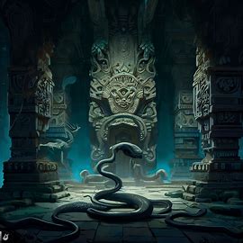 Design a gorgeous and mysterious temple filled with intricate carvings of snakes and other mystical creatures.. Image 2 of 4