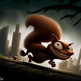 Imagine a squirrel with a mischievous expression, sneaking through a cityscape with a stolen nut.. Image 3 of 4