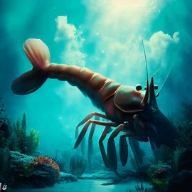 Create a surreal underwater scene with a giant shrimp as the centerpiece.. Image 4 of 4