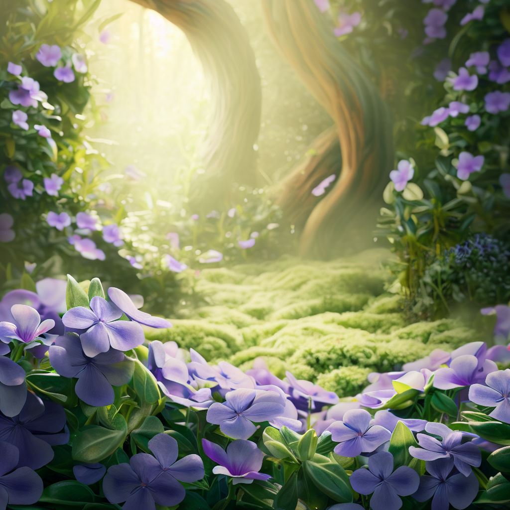 Create an imaginative scene featuring a enchanted garden with lush periwinkle flowers growing.