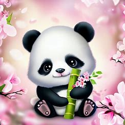 Create an image of an adorable baby panda holding a bamboo shoot, surrounded by blooming cherry blossoms.