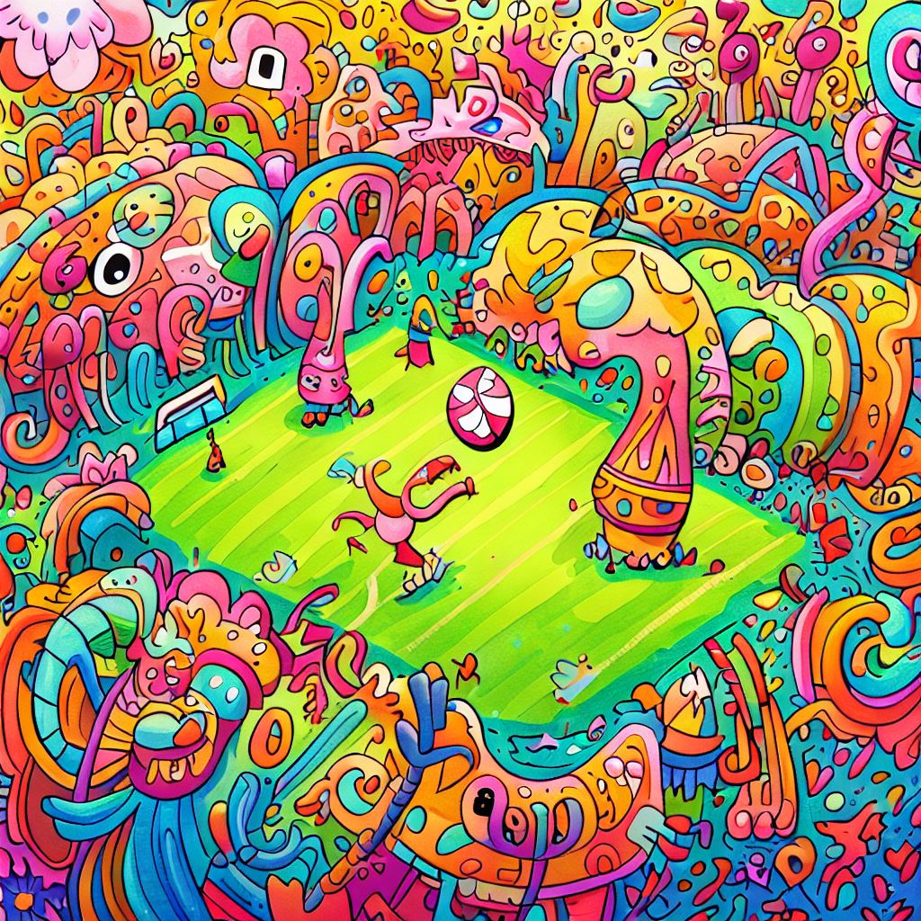 Draw a whimsical scene of a football game, with colorful and quirky characters playing on a vibrant, fantastical field.