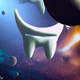 Generate a surreal image of teeth floating in a starry sky, surrounded by other celestial bodies. Image 2 of 4
