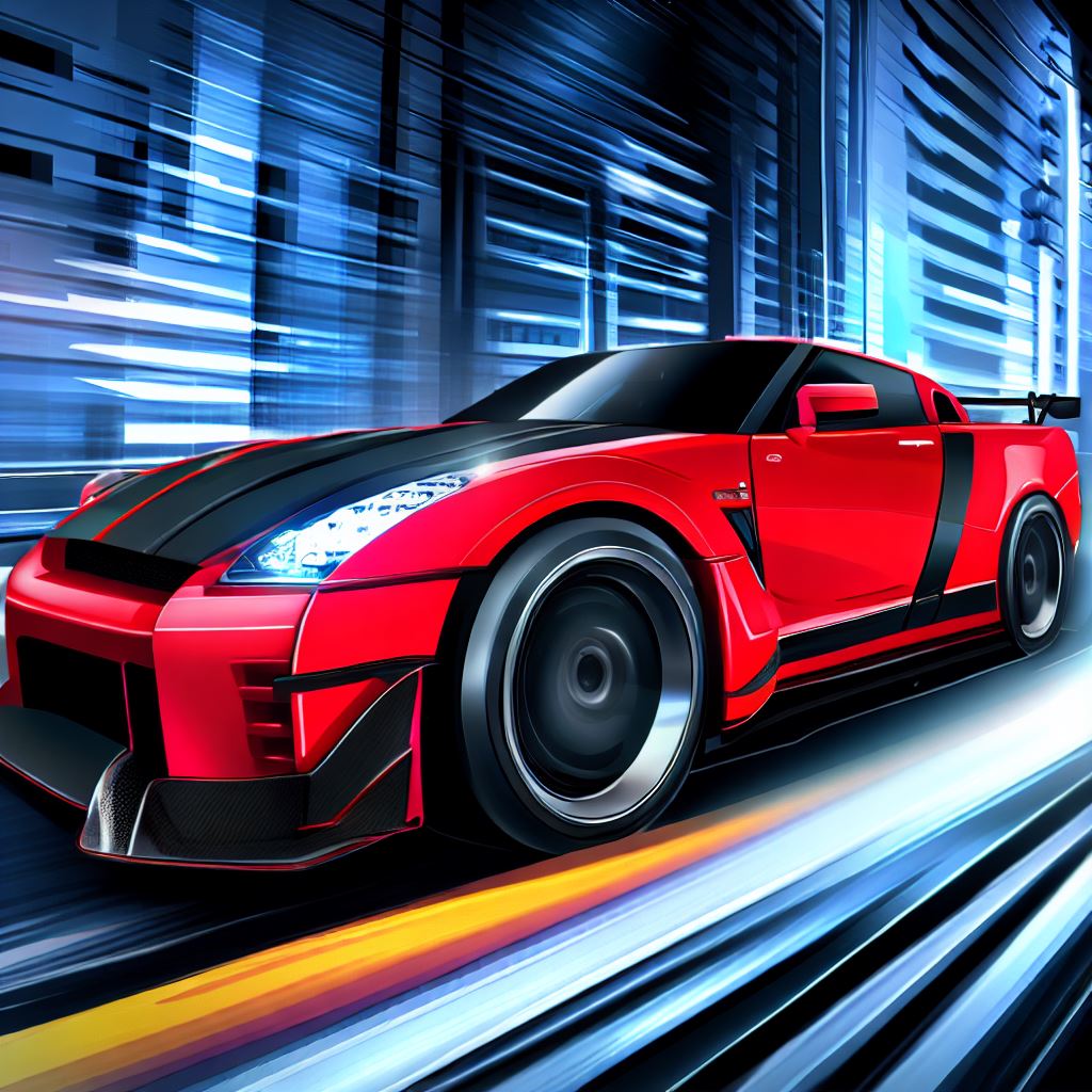Create an illustration of a powerful red Nissan GT-R with black racing stripes as it speeds down a futuristic city street.
