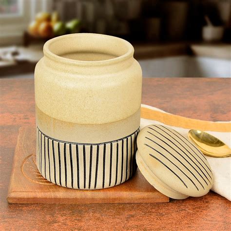 Buy Handcrafted Ceramic Striped Jar with Rustic Look and Lid (700 ml ...