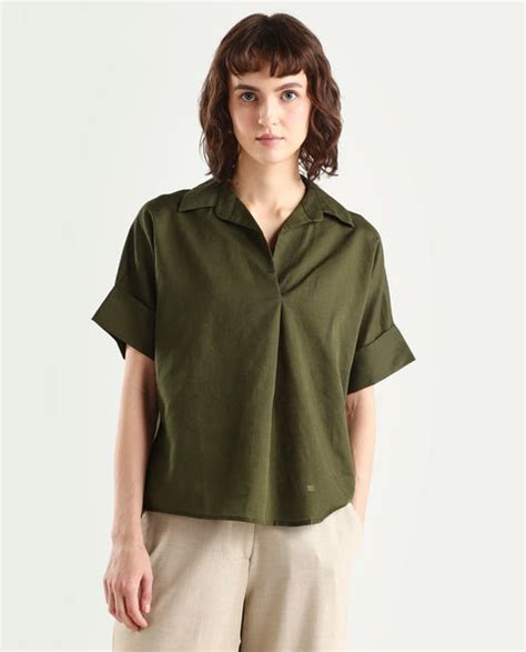 Rareism Women's Alzure Olive Linen Blend Half Sleeve Jonny Collar Boxy