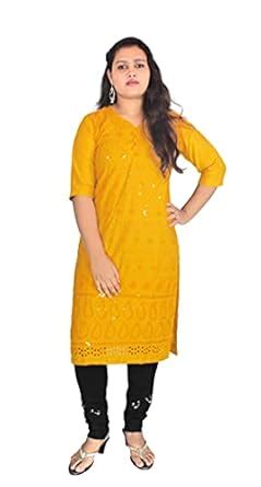 Buy vassy Women's Yellow Chikan Embroidery Latest Kurti (Medium) at ...