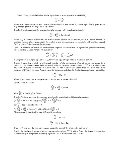 Problems Set 3 - Ques1. The dynamic behaviour of the liquid level in a ...
