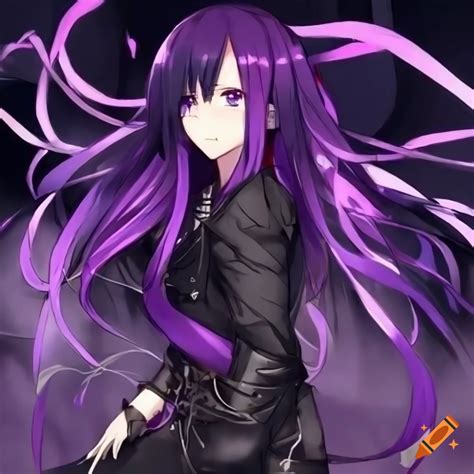 Anime character with very dark purple hair, tall combat boots, and a ...