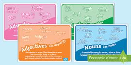 Nouns, Verbs and Adjectives in French and English | Word Mat