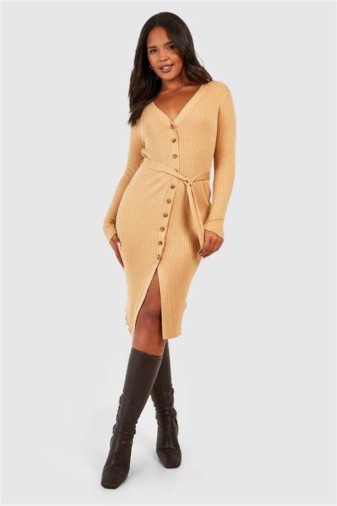 Plus Button Front Belted Jumper Dress | boohoo UK