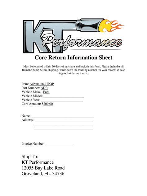 KT Performance Core Return Information Sheet - Fill Online, Printable ...