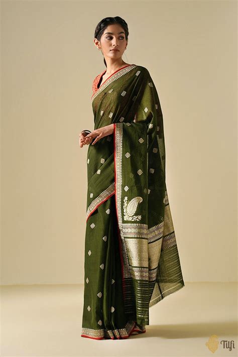 Olive Green Pure Cotton Banarasi Kadhua Handloom Saree - Tilfi