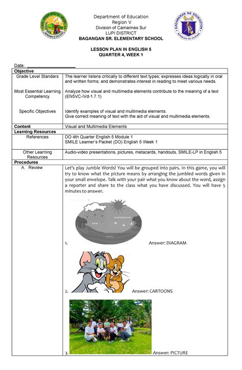 COT English 5 - Visual and Media Elements - Department of Education Region V Division of ...