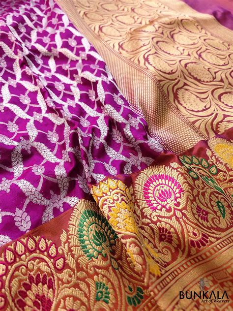 Shop Purple Pure Katan Silk Handloom Geometric Jaal Banarasi Saree ...