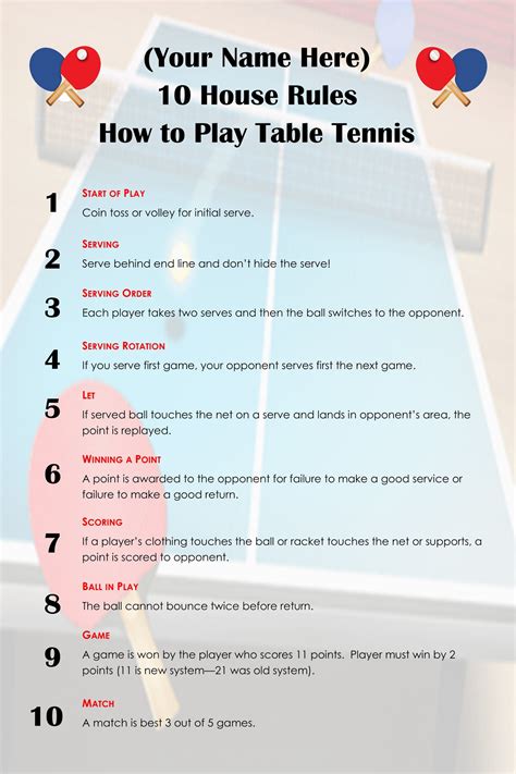 Personalized Table Tennis Ping Pong 10 House Rules Custom Art Poster ...