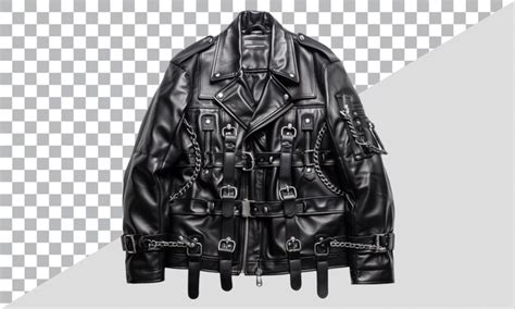 Black vintage leather jacket with buckles and chains on transparent ...