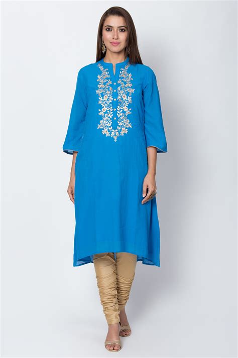 Buy Blue Cotton And Viscose A-Line Solid Kurta Online at Biba India