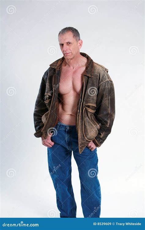 Mature Man in Leather Jacket Stock Image - Image of grey, chest: 8539609