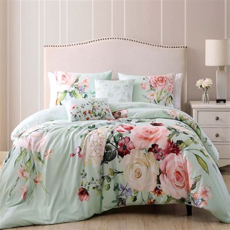 Blooming Roses Misty Green Floral 5 pc Comforter Bed Set