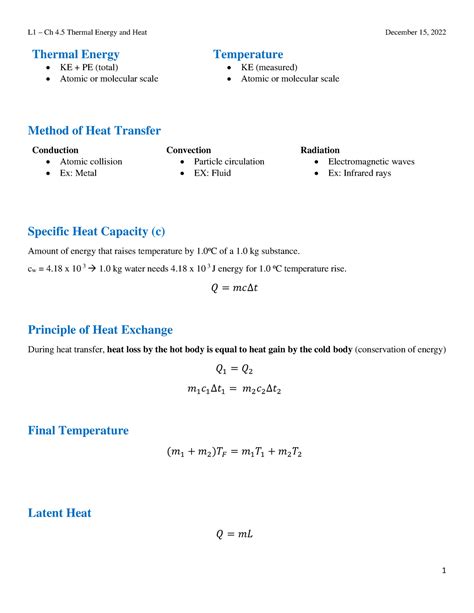 Grade 11 Lecture 1 - 2022-12-15 - Thermal Energy • KE + PE (total) • Atomic or molecular scale ...