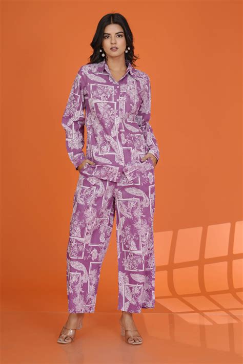 Violet Abstract Patch Print Co-Ord Set in Cotton Cambric – Kaftanize