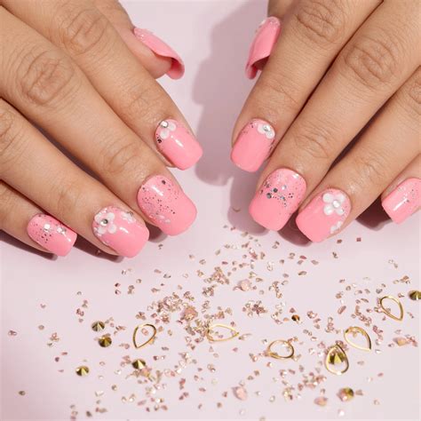 Pink Artificial Nails 3D Flower Nail Art Press-On Nails – Nailknack