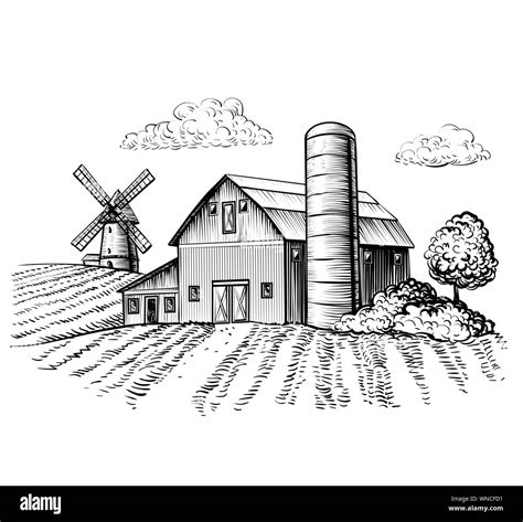 Rural landscape, farm barn and windmill sketch. Hand draw illustration ...