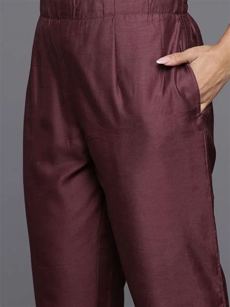 Buy Mauve Yoke Design Silk Blend Straight Kurta With Trousers & Dupatta ...